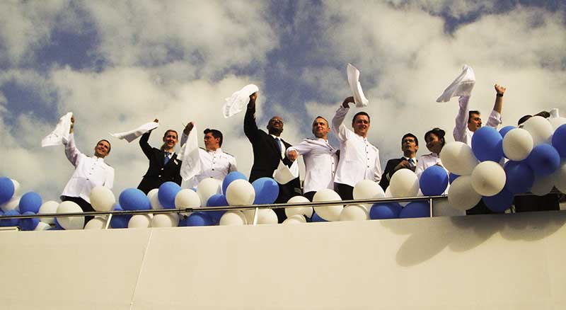 Crew of river ship Avalon Vista celebraates christening